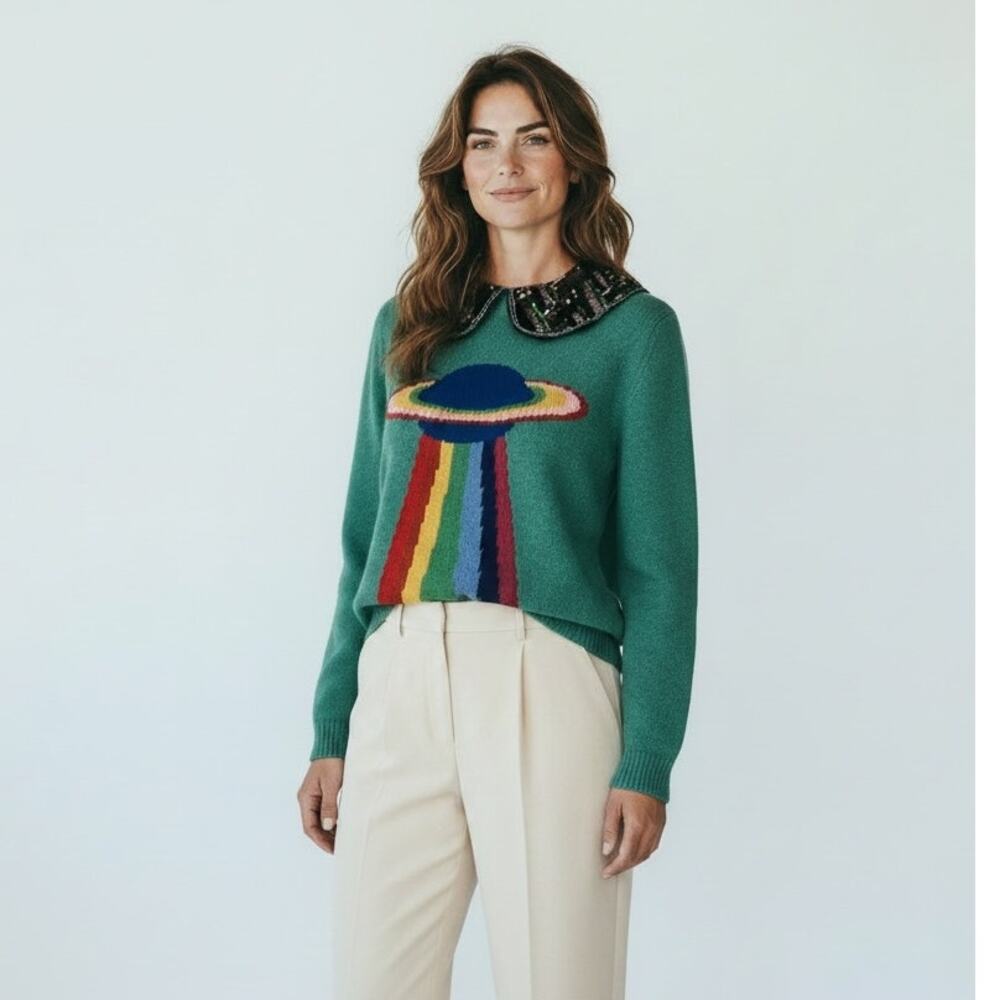 Gucci‎ Alessandro Michele Graphic Wool Sweater Green Sequin Collar Small